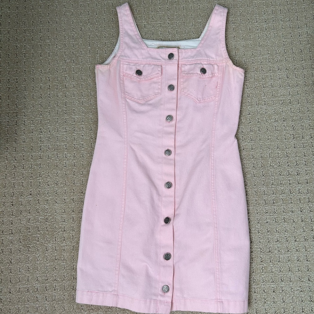 Vintage 90s TICKETS Clothing Denim Pink Button Down Dress. Size 7/8.